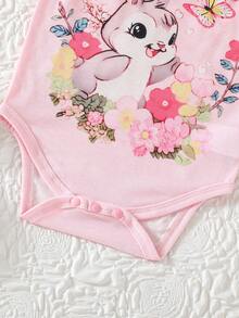 3pcs/Set Baby Girls' Sleeveless Cute Cartoon Rabbit & Floral Print Romper Outfit, Summer - Pink - View 6