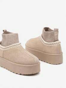 2025 Trending Women's Winter Casual Versatile Simple Knit Patchwork Snow Boots - Beige - View 3