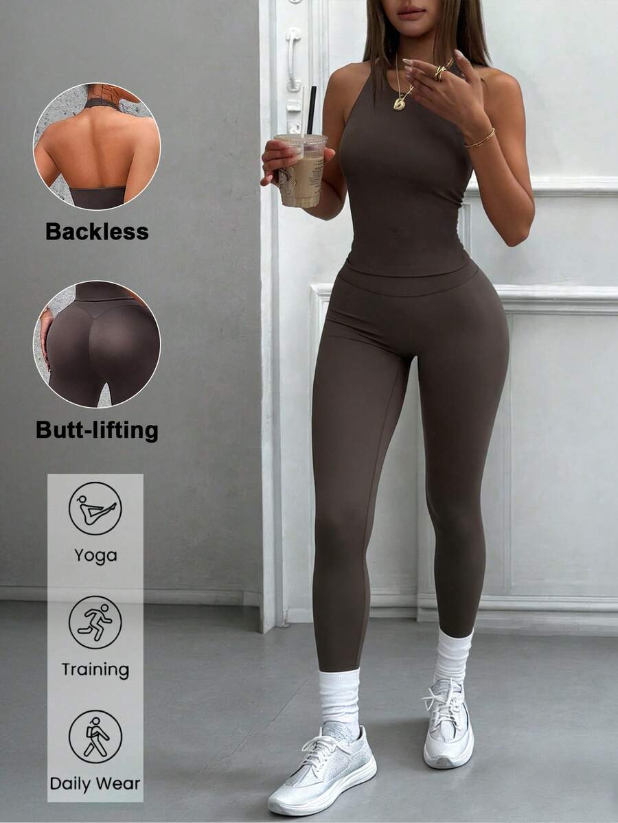 GAOVOT Women's Two Pieces Spring/Summer Sports Casual Sexy Neck Tank Top And High-Waisted Bodycon Pantsuit For Running Exercise Yoga Gym Clothes - Brown - View 1