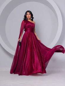 Women's Tulle Crystal Dress Shiny Color Long One Shoulder One Sleeve Long Cape Fashion Prom Party Social - 紅木色 - 查看 6