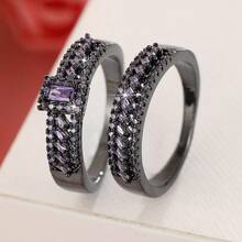 女士两件套铜戒指，优雅复古新娘叠戴戒指，镶嵌闪亮锆石，日常/婚礼首饰，情人节礼物 - 婚禮對戒7 - 查看 17