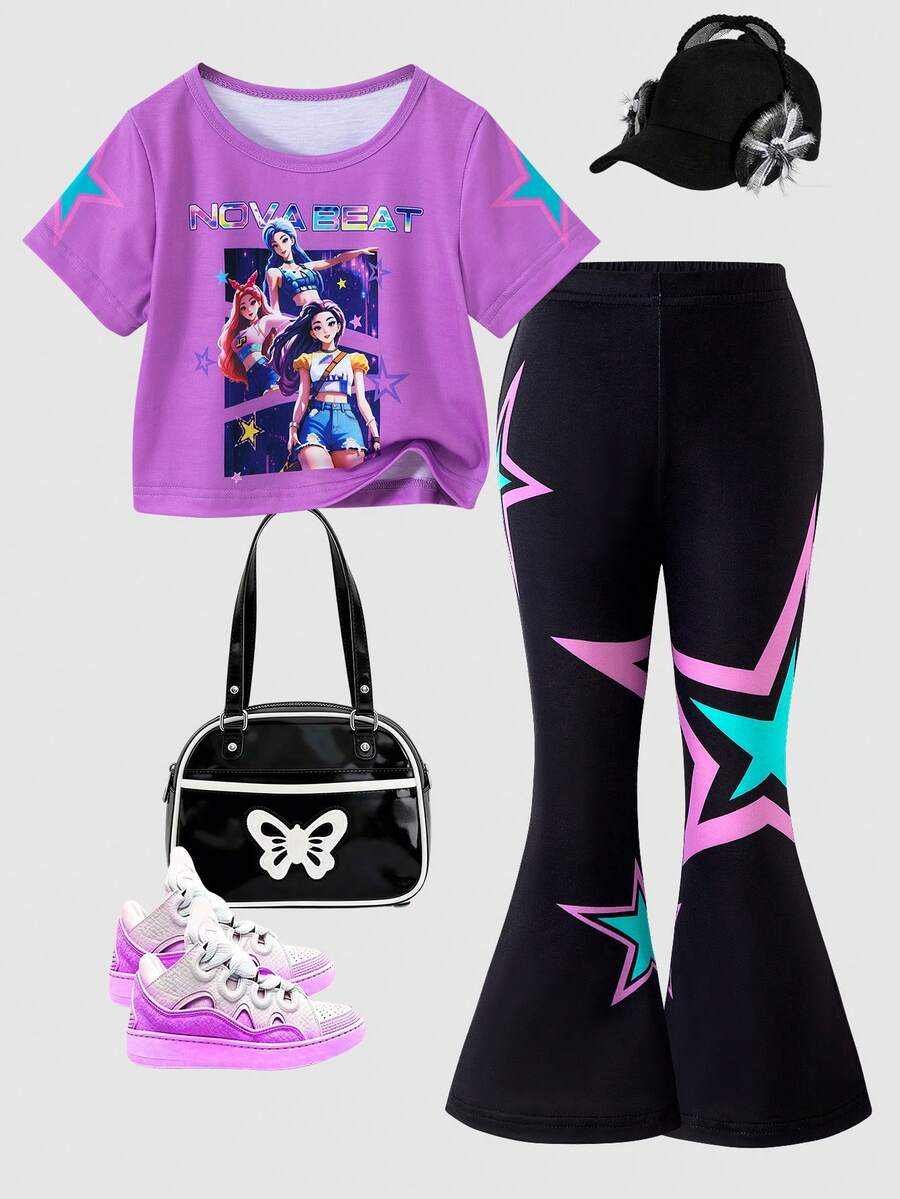 Young Girls Casual Minimalist Cute Cartoon K-POP Graphic Print Short Sleeve Round Neck T-Shirt And Printed Flare Pants Set, Purple - Multicolor - View 1