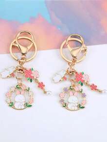 1pc Colorful Floral Rabbit Keychain, Cute Sakura Flower Rabbit Pendant Bag Charm, Zinc Alloy Rabbit & Flower Key Chain, Lovely Gift For Friends, Classmates - Multicolor - View 6