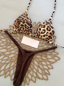2pcs Bohemian Floral Print Tie-Up Braided Bikini Swimsuit, Casual, Cute, Elegant, Sexy, Beach Vacation, Spring/Summer - Brown - View 1