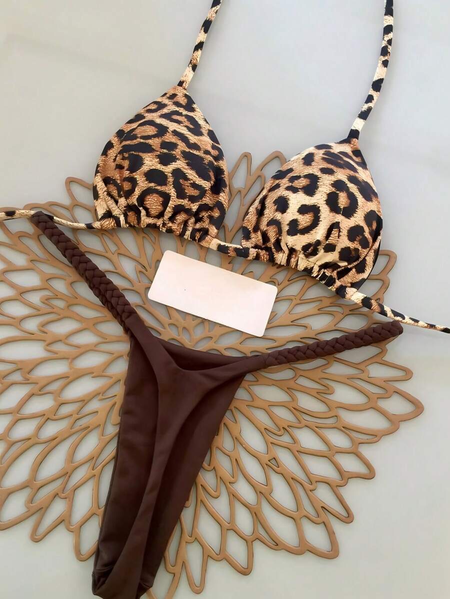 2pcs Bohemian Floral Print Tie-Up Braided Bikini Swimsuit, Casual, Cute, Elegant, Sexy, Beach Vacation, Spring/Summer - Brown - View 1