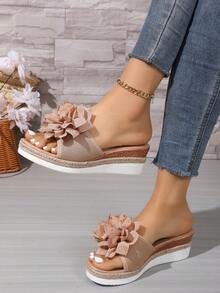 1 Pair Women's Solid Color Lotus Flower Casual Beach Resort Sandals, Cute, Sexy, Suitable For Summer, Beach, Wedding, Home, Wedge Thick Bottom - Apricot - View 6