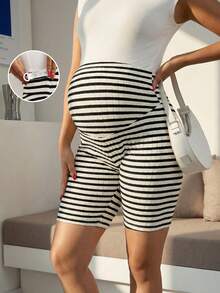 Maternity Striped Knit Fabric Shorts, Fitted High Stretch Pants With Adjustable Button - Black and White - View 10