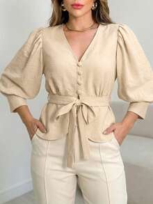 女士优雅卡其色泡泡袖衬衫，简约风格，适合通勤、日常及办公穿着，春秋季款 - 淺卡其 - 查看 6