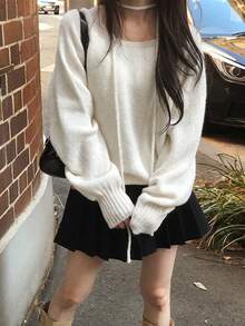 Women's Solid Color Loose Fit Pullover Sweater - Apricot - View 3