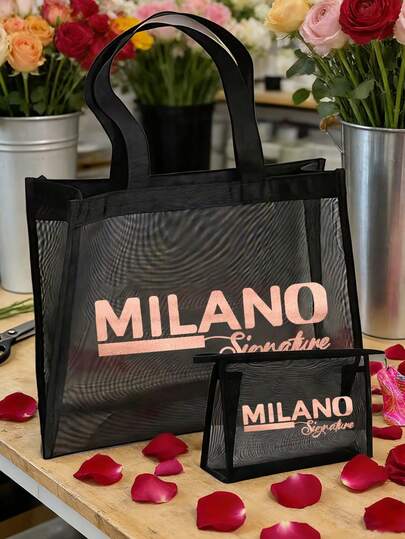 Bộ túi tote và ví lưới "MILANO Signature", túi mua sắm lưới xuyên thấu màu đen với họa tiết vàng hồng, thiết kế tote rộng rãi kết hợp với ví nhỏ gọn, đa năng dùng làm túi đi biển, túi mua sắm tái sử dụng, đựng đồ đi biển, thực phẩm và các vật dụng nhỏ, phù hợp cho người yêu thời trang, người thích biển, người đi làm hàng ngày, người tặng quà, hoàn hảo cho các chuyến đi biển, kỳ nghỉ hè, những buổi đi chơi thông thường, mua sắm.