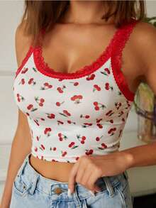 Cherry Lace Trim Comfortable Machine Washable Camisole Women Sleepwear Top - White - View 3