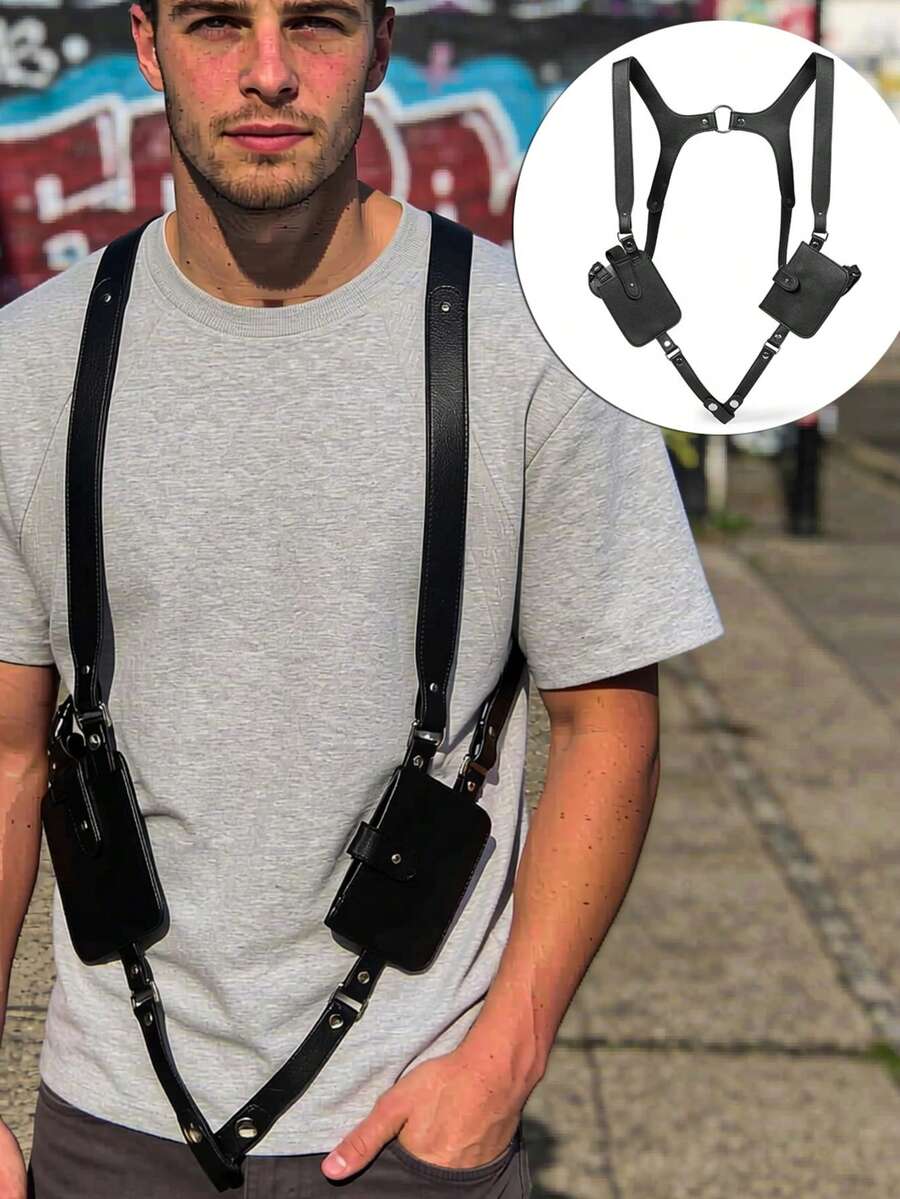 Men's Waist Bag, Outdoor Vest Bag, Versatile Functional PU Card Holder Vest Bag, Bag - Black - View 1