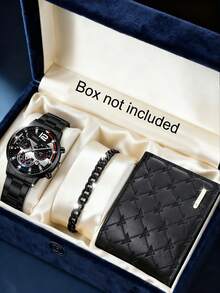 3件套酷炫男士黑色手表套装，包括1块黑色表盘石英表（配黑色不锈钢表带）、1条黑色链式手链和1个黑色菱形纹理皮革钱包。 - 黑色 - 查看 8