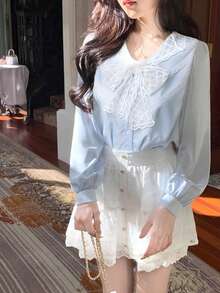 法式蕾丝边饰藏蓝色翻领女式衬衫，春夏款，宽松版型，显瘦，长袖休闲上衣 - 藍色 - 查看 3