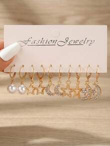 10件套女孩星星、月亮、五角星珍珠耳环首饰套装，适合日常装饰 - 金色 - 查看 1