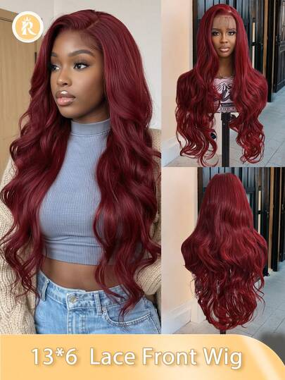 Cadeaux pour femmes Décorations de Noël Cadeaux de Noël Perruque de costume Perruque frontale en dentelle 13X6 Fibre synthétique Hea Fibre synthétique Hea Cheveux longs ondulés de 28 pouces de couleur rouge avec des cheveux bébé Résistant à la chaleur Perruque entièrement fabriquée à la machine pour les rassemblements quotidiens, cheveux synthétiques doux, naturels et beaux de haute qualité pour femmes