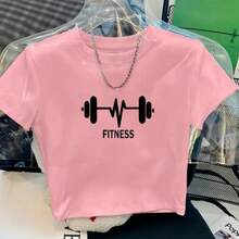 Women's Cropped Printed Top For Gym/Fitness, Short Sleeves, Round Neck, Everyday Wear - Màu Hồng baby - Xem 1