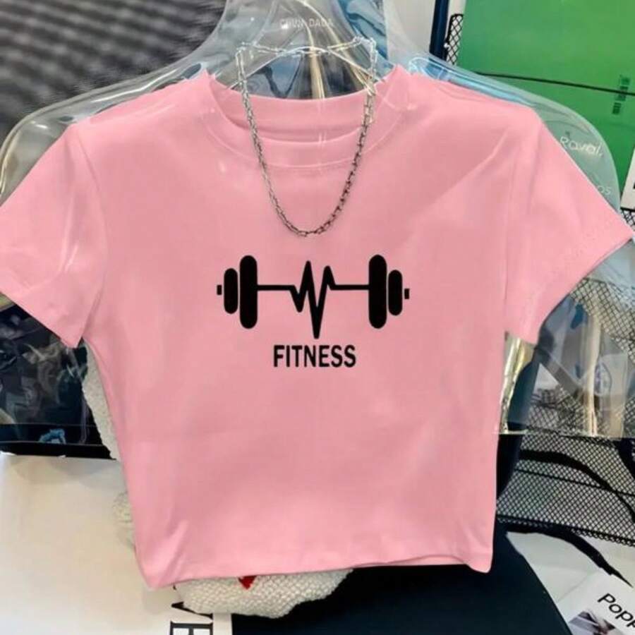 Women's Cropped Printed Top For Gym/Fitness, Short Sleeves, Round Neck, Everyday Wear - Màu Hồng baby - Xem 1