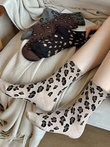 1/5/10 Pairs Women Leopard Print Sailor Socks, Cute Comfortable Breathable Moisture-Wicking Socks, Fun Gift, Creative Campus Style Socks For Women, Winter, Valentine's Day Gift - Crew Socks - View 5