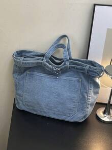 Large Capacity Fashion Casual Tote Bag, Retro Washed Denim, Shoulder Bag With Detachable Strap, Unique Design Handbag, Suitable For Work, Shopping, Commuting - Multicolor - View 6