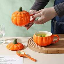 1pc Ceramic Pumpkin Shaped Mug With Lid And Spoon, Reusable Insulated Cup For Hot And Cold Drinks, Hand Wash Only, 2 Colors (Orange And White), Suitable For Home, Office, Breakfast, Summer And Winter, Coffee Shop Accessory, Seasonal Beverage, Holiday Drink, Durable Coffee Cup - Multicolor - View 11