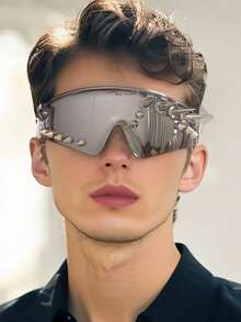 1 Pair Punk Style Rivet Decor Cyber Punk Fashion Fashion Glasses, Oversized Frame Design With Cool Vibe - Black - View 3