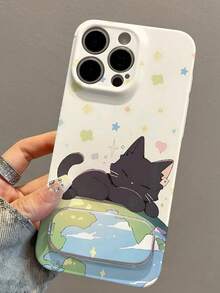 1pc Multi-Color Cartoon Cat & Map Pattern Full Coverage Phone Case With Invisible Mirror Stand, Compatible With IPhone 11/12/13/14/15/16/17/Pro Max - Multicolor - View 4
