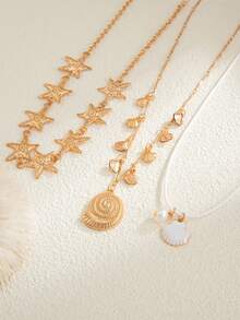 3pcs/Set Geometric Chain Starfish & Shell Pendant Necklace Set, Elegant Luxury Ocean Beach Holiday Party Casual Daily Wear Necklace Gift For Women, Couples, Birthday - Necklace - View 7