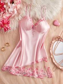 Valentine's Day Surprise Gift Women's Sexy Lingerie Adjustable Straps Backless Tie-Up Design V-Neck Embroidered Mesh Panel Dress Comfortable Satin Nightgown For Home - Pink - View 2