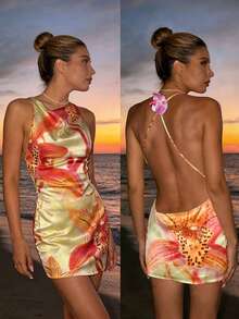 假日服装，女士夏季连衣裙，性感沙滩度假连衣裙女装度假风女装时尚露背性感荷叶边碎花性感针织面料立体碎花无袖日常海滩夏季女装 - 彩色 - 查看 4