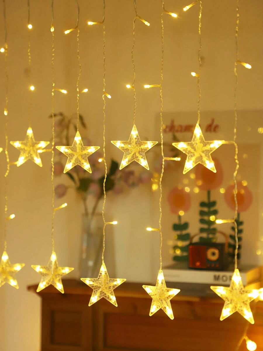 1pc 96 LED Bead 2.5m Cute Window Curtain Decor Star String Lights, Battery Powered Star Fairy String Lights, Indoor Room Bedroom Wall Decor String Lights, Wedding Party Holiday Decor String Lights, Star Lights - Clear - View 1