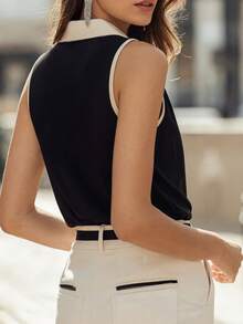 Áo tank top không tay nữ mùa xuân/hè mới, kiểu dáng thường ngày, phối cúc màu tương phản, dáng rộng thoải mái, phù hợp cho công sở/học sinh, mặc hàng ngày, đi nghỉ mát, đi làm. Màu đen. - màu đen - Xem 2