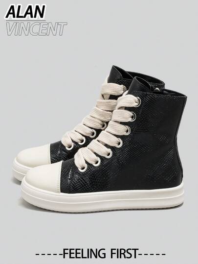 Alan Vincent Alan Vinecent [Gratis retur/byte] [Snabb frakt] Nya svarta höga stövlar med ormmönster för kvinnor, klassiska platta stövlar med snörning och dragkedja för kvinnor, festskor för kvinnor, moderiktiga sneakers för vardagsbruk, damskor, lämpliga för vardagsbruk med jeans