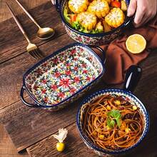 1pc Hand-Painted Ceramic Bowl, Colorful Baking Bowl With Handle, Salad, Baking, Casserole, Round Baking Dish, Baking Set, Cooking Pot, Cake, Dinner, Kitchen, Handmade Exotic Daisy, Oven- Bowl - Multicolor - View 8