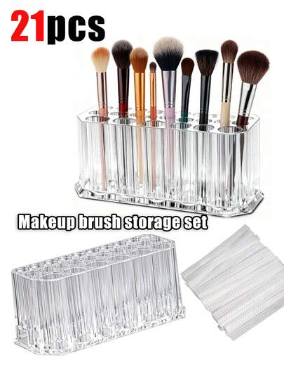 21pcs Makeup Brush Storage Rack Set, 26-Hole Makeup Tool Storage Box, Makeup Table Item Storage, Makeup Brush Protection Cover, Suitable For Storing Makeup Brushes, Eyeliner Pens, Nail Art Tools, Storage Box Set, Makeup Tool Storage