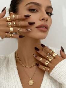 Set de 12 anillos apilables con diseño de mariposa hueca con tono dorado, diseño de moda, adecuado como regalo del Día de San Valentín, para combinar con atuendos, anillos de nudillo - Juego de 12 piezas - Ver 2