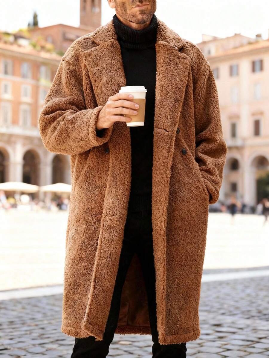 Abrigo largo de manga larga con bolsillo y botones de unicolor para hombres, abrigo para salir en otoño, para regalos a amigos, esposo, novio, invierno - Marrón - Ver 1