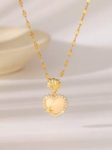 1pc Stainless Steel Bone Pendant Necklace With Water Drop & Heart Charms, Fashion Jewelry Gift For Women, Mothers, Mother's Day - Gold - View 10