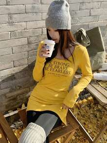 美式性感V领长袖T恤，修身腰部设计 - 黃色 - 查看 3