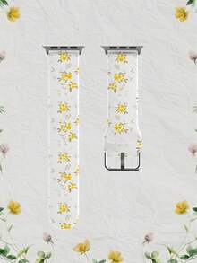 1pc Soft Elastic Breathable Leaf & Yellow Flower Pattern Replacement Watch Band, Fits 38mm 40mm 41mm 45mm 44mm 42mm 49mm, Fashionable Casual Multi-Color Silicone Watch Strap Compatible With Apple Watch Ultra Series, S11/S10/SE/9/8/7/6/5/4/3/2/1 Smartwatch - Multicolor - View 7