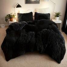 [Halloween Christmas Gift&Decor]3-Piece Soft Fluffy Plush Comforter Set (1 Duvet Cover + 2 Pillowcases W/O Pillow Shams) Soft And Warm Bedding, Machine Washable (Black Queen & King), Perfect For Bedrooms And Guest Rooms - màu đen - Xem 12
