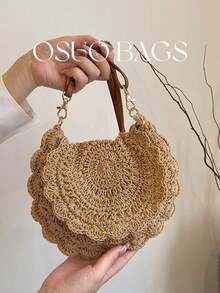 Fashionable Hollow Woven Women's Crossbody Bag, Handmade Crochet Shoulder Bag, Summer Beach Bag With Flap Magnetic Closure, Woven Tote, New Seaside Resort Style Round Envelope Bag For Ladies - Khaki - View 2
