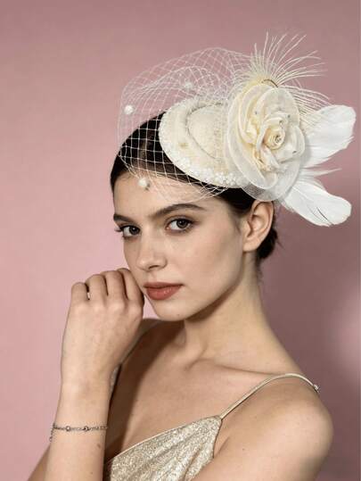 1PC Women's Fascinator Hats With Mesh Veil, Feather Flower & Pearl Trim, Vintage Elegant Cocktail Headpieces In Red, White & Black, Ideal For Weddings, Kentucky Derby, Tea Parties & Retro Themed Events