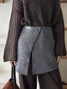 女士单件纽扣针织保暖裤，时尚百搭舒适叠穿裙，秋冬季 - 彩色 - 查看 6