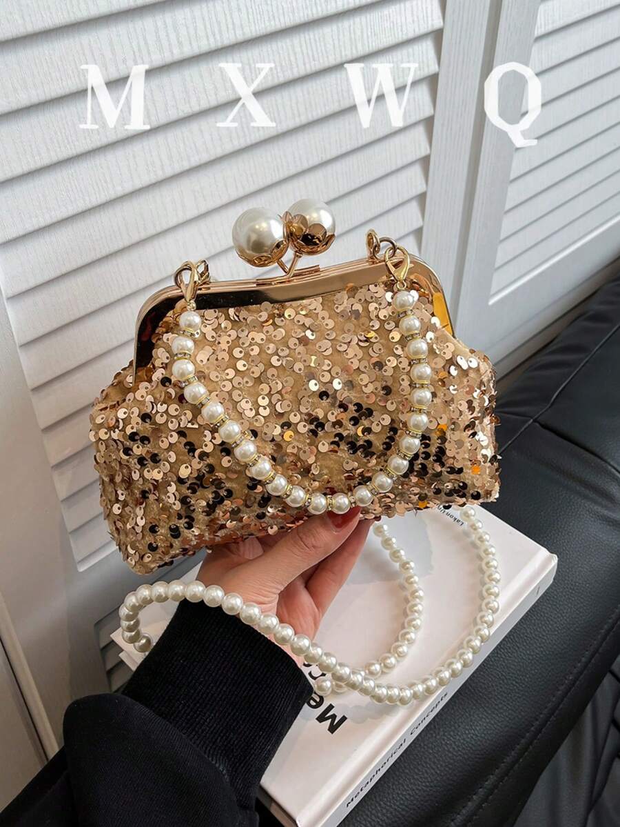 Túi xách nữ màu xanh lá cây cổ điển mới, chất liệu vải, đính ngọc trai, kiểu dáng đa năng, thích hợp cho các buổi tiệc và họp mặt.