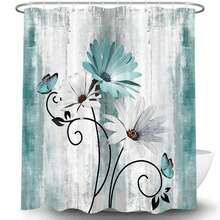 Farmhouse Shower Curtain Teal Daisy Floral Flowers And Butterfly Country Wooden Bathroom Curtain Turquoise Blue With 12 Hooks 70x70 Trending Bestseller Best For Home Bathroom Decor - Teal Blue - View 2