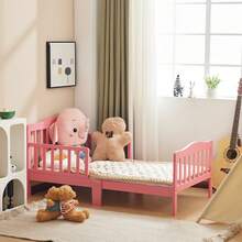 Wooden Baby Toddler Bed Children Bedroom Furniture With Safety Guardrails White - 粉色 - 查看 4
