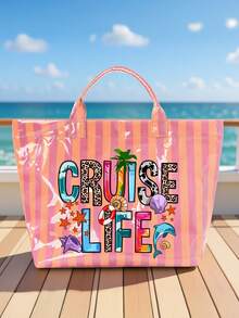 Pvc Striped Tote With "Cruise-Life" And Marine Life,Large Capacity Lightweight Handbag With Vertical & Horizontal Stripes | Multifunctional Commuter Travel,Fashiona Casual Pvc Striped Tote Bag, Heavy-Duty Durable Handbag, Fixed Shoulder ,Women's Large Capacity Shopping Bag Tote Bag, Suitable For Commuting And Travel Storage Bag, Suitable For Shopping, Stylish Casual Handheld Shoulder Purse - Multicolor - View 8