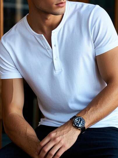 GRDR Camisa de manga corta con cuello henley de unicolor clásico para hombres, artículo esencial casual, básico del armario de verano