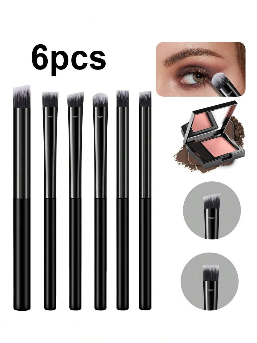 开斋节6件套柔软化妆刷套装，包括轮廓刷、眼影刷、眉刷、唇刷，适合初学者、专业化妆师和新手美容练习场景。 - 黑色 - 查看 1
